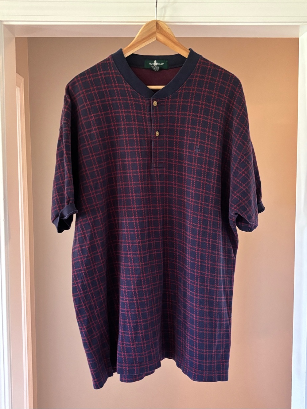 Hunt Club Navy & Red Plaid Short-Sleeve Henley Polo
